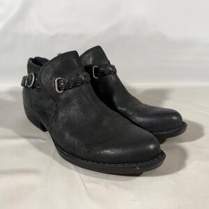 Born Sylvia Black Leather Suede Bootie Braided Strap Low Ankle Boots Size 8.5